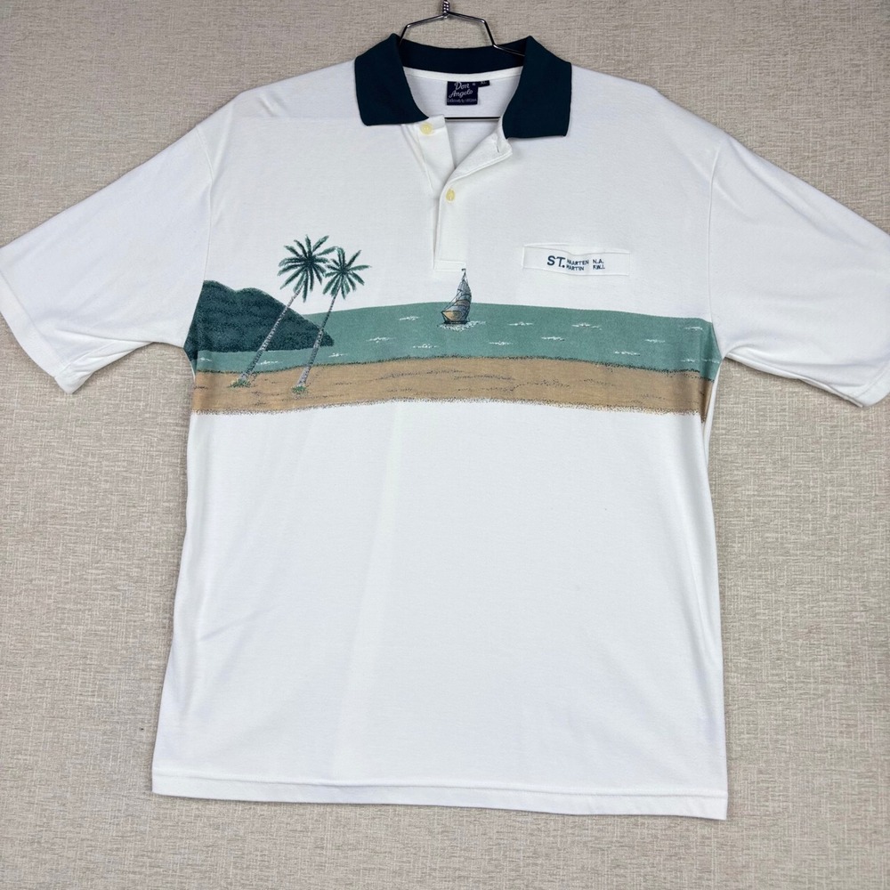 Vintage Don Angelo St Maarten Tropical Beach Scene Polo Shirt White Mens XL